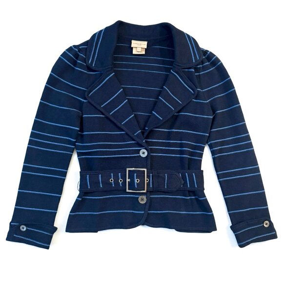 Karen Millen Navy Blue Striped Belted Sweater Jacket Snap Closure Women's Size 1 - Picture 1 of 6